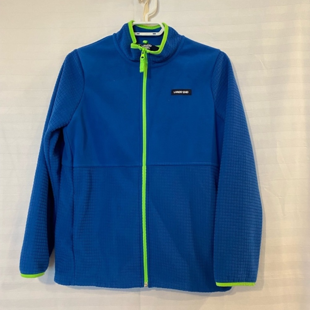 Lands' End Teen Boy Blue Grid Pattern full zip Micro Fleece Jacket size 14/16